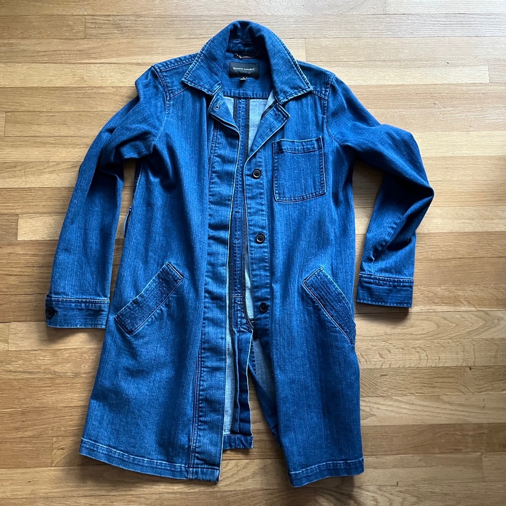 Banana Republic Long Denim Coat Dark Wash Button Front Duster Jean Jacket Small